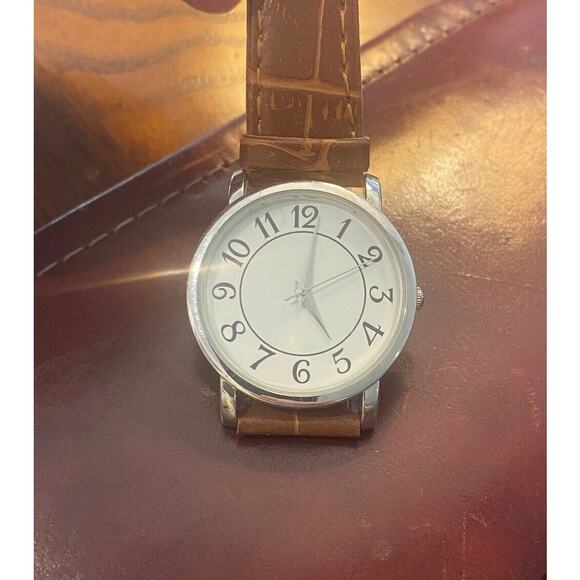 Unisex 35mm Silver Tone Calvin Hill Watch with Brown Band, Easy to Read Dial - Picture 2 of 3